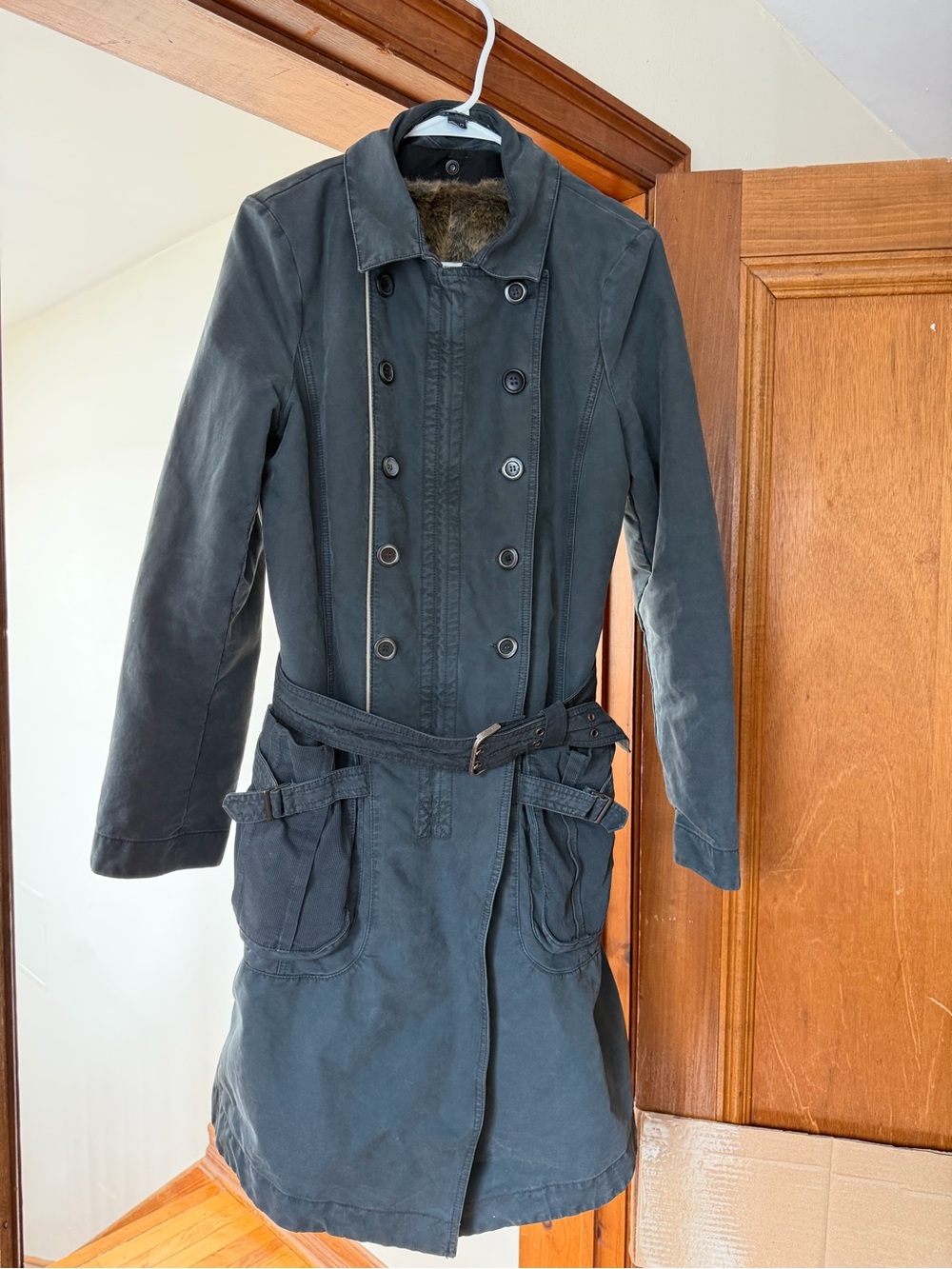 Women's Double-Breasted Belted Trench Coat with detachable faux fur lining